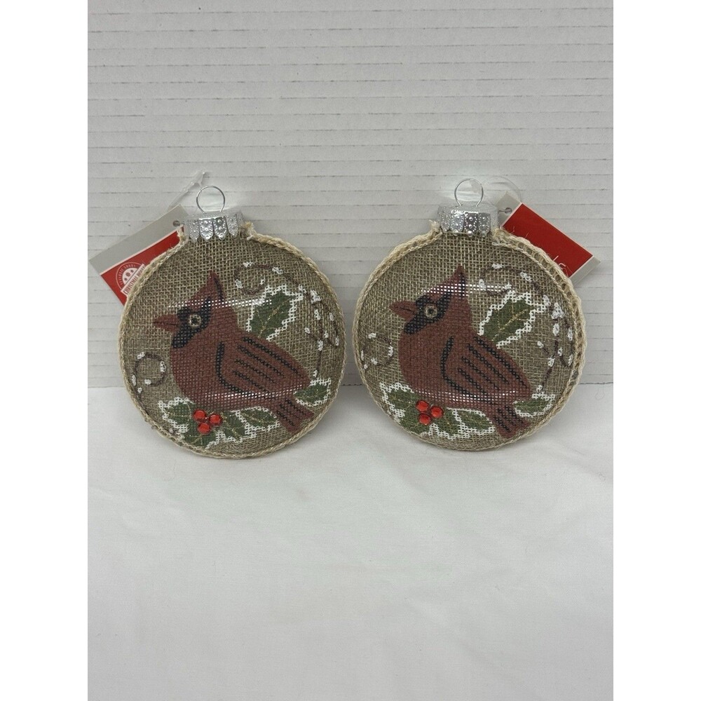Ornament-2 Cardinal Winter Scene Burlap Plastic Hanging Christmas Ornament NWT